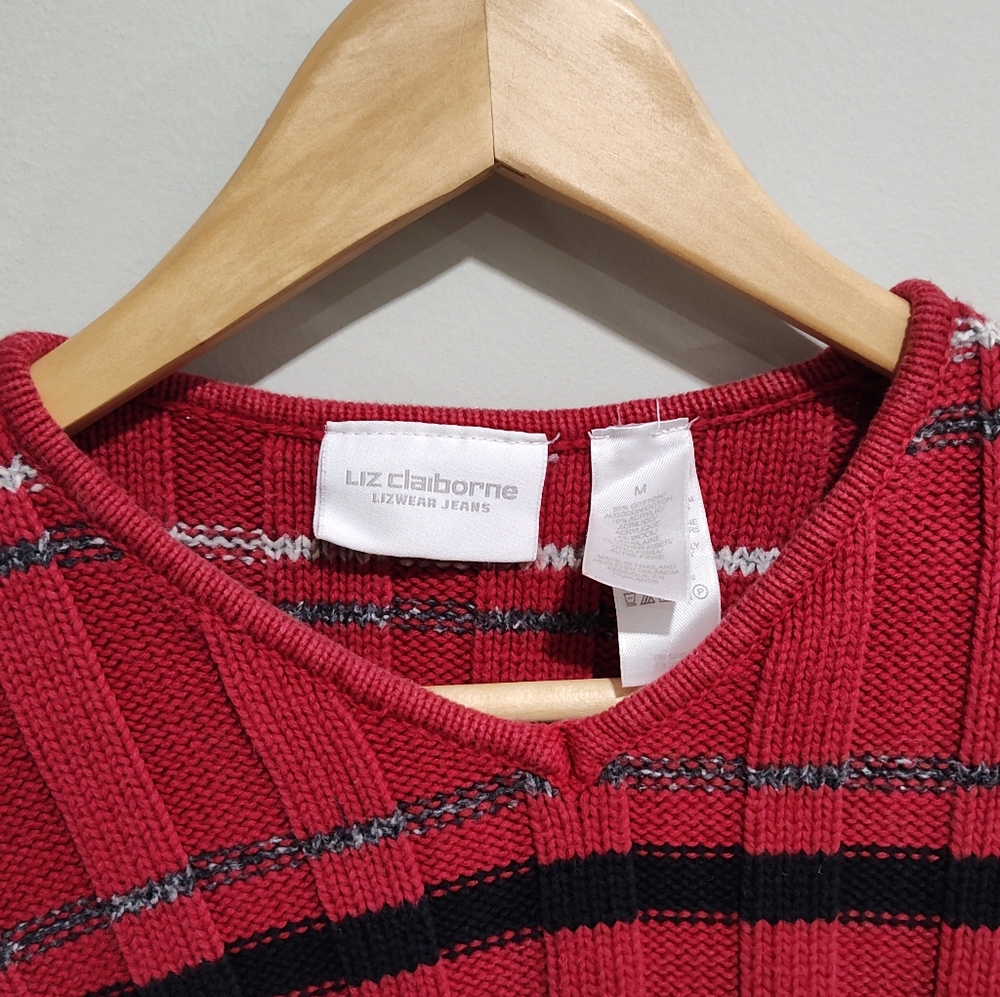 90s LIZ CLAIBORNE Ribbed Knit Cotton Sweater red black gray white Stripe, Size M - Picture 3 of 6